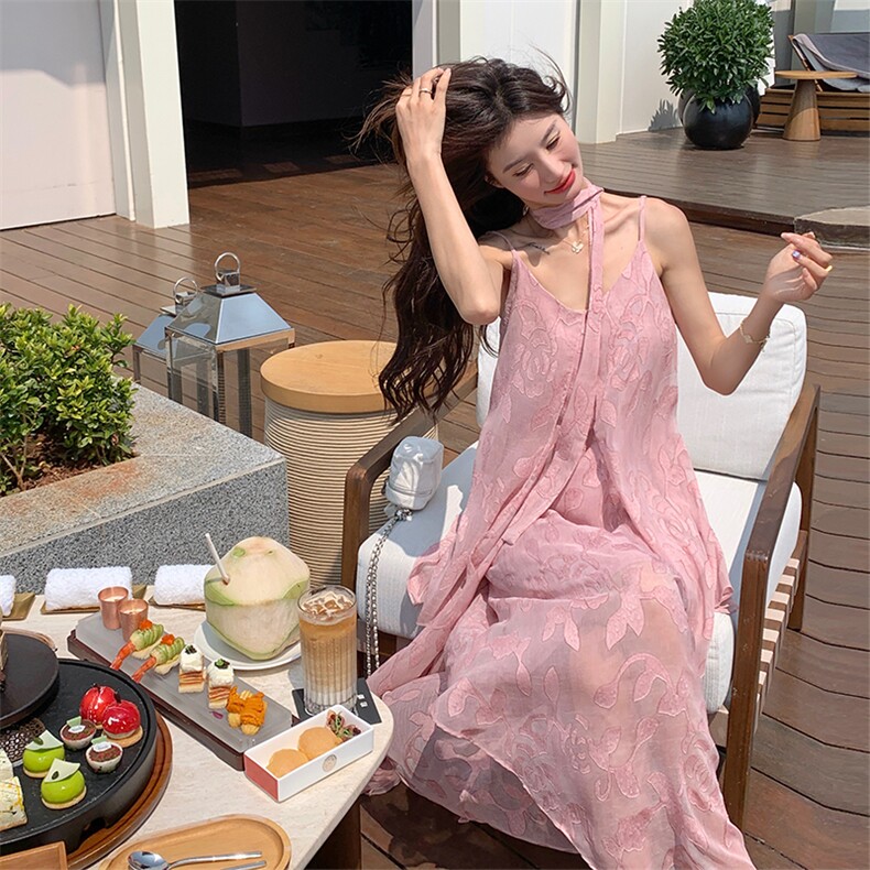甜美小清新无袖吊带挂脖式连衣裙仙女风夏季裙子纯色,女装连衣裙,2C086
