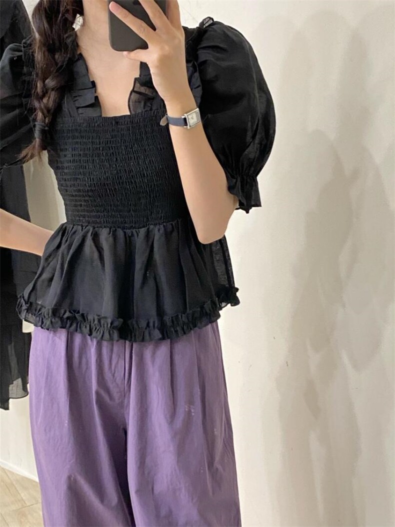 爆单可拉肩泡泡袖小衫，其它，唇蔻