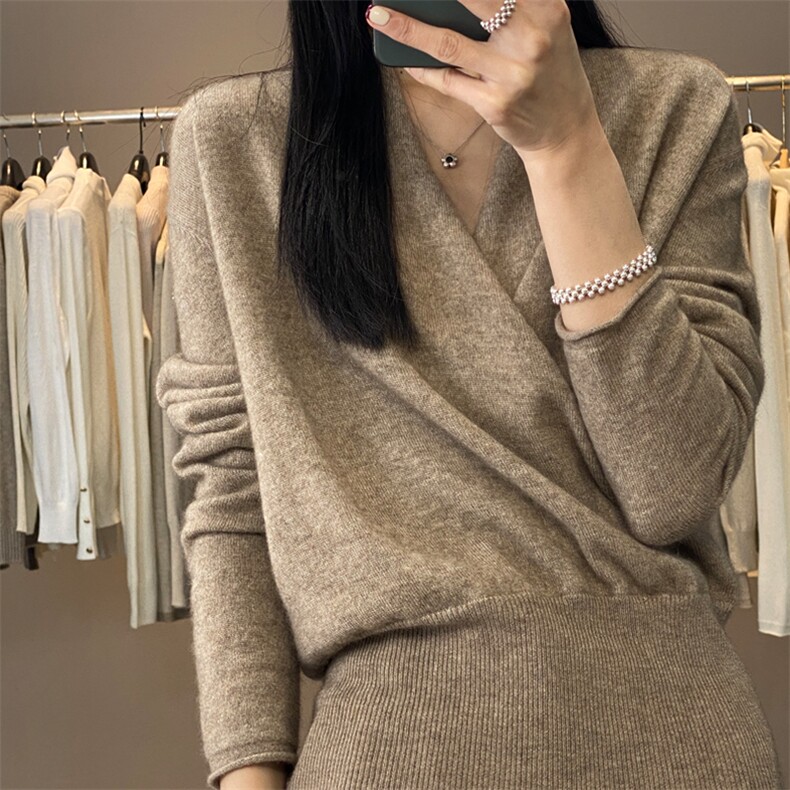 早春新款100%纯羊毛衫女交叉V领宽松套头裹胸毛衣羊绒针织打底衫,女装羊毛衫,羿纯羊绒