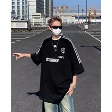 潮牌复古拼接撞色夏季短袖男美式三条杠拼接情侣tee恤中性运动t恤，男装T恤，星座601-2