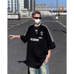 潮牌复古拼接撞色夏季短袖男美式三条杠拼接情侣tee恤中性运动t恤图片