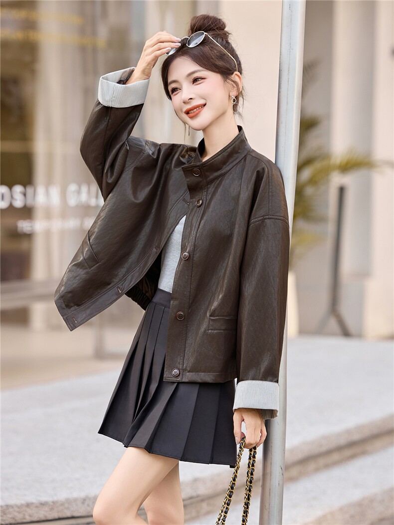 复古立领宽松皮衣外套女2025秋冬季新款休闲百搭显瘦pu皮夹克上衣,女装皮衣,牡丹诺