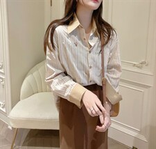 新版条纹衬衫，女装衬衫，唇蔻