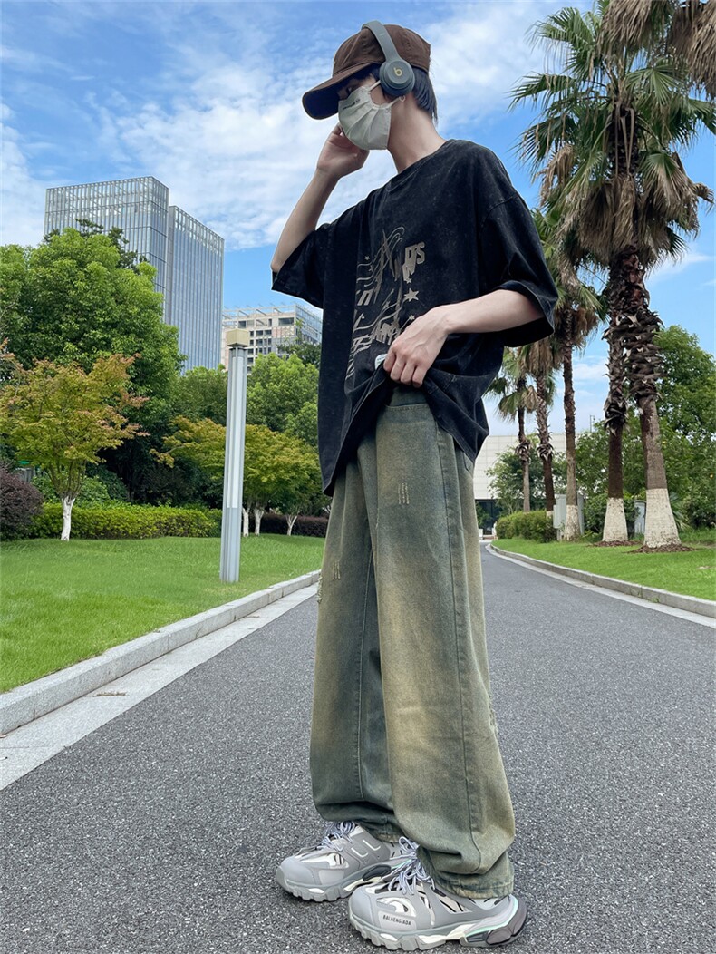 夏季破洞做旧牛仔裤男美式复古宽松直筒高街痞帅阔腿裤N06043-P42,男装牛仔裤,星座308B-2