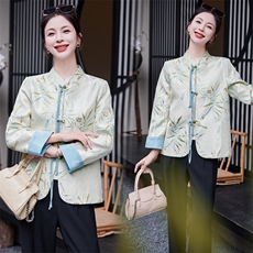 清冷风竹叶印花复古短外套女新中式立领流苏盘扣改良气质上衣，女装短外套，水衣源