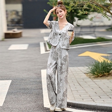 老钱风棉麻短袖套装女2025夏季气质休闲高级垂感高腰阔腿裤两件套，女装套装/套裙，蓝朵琳