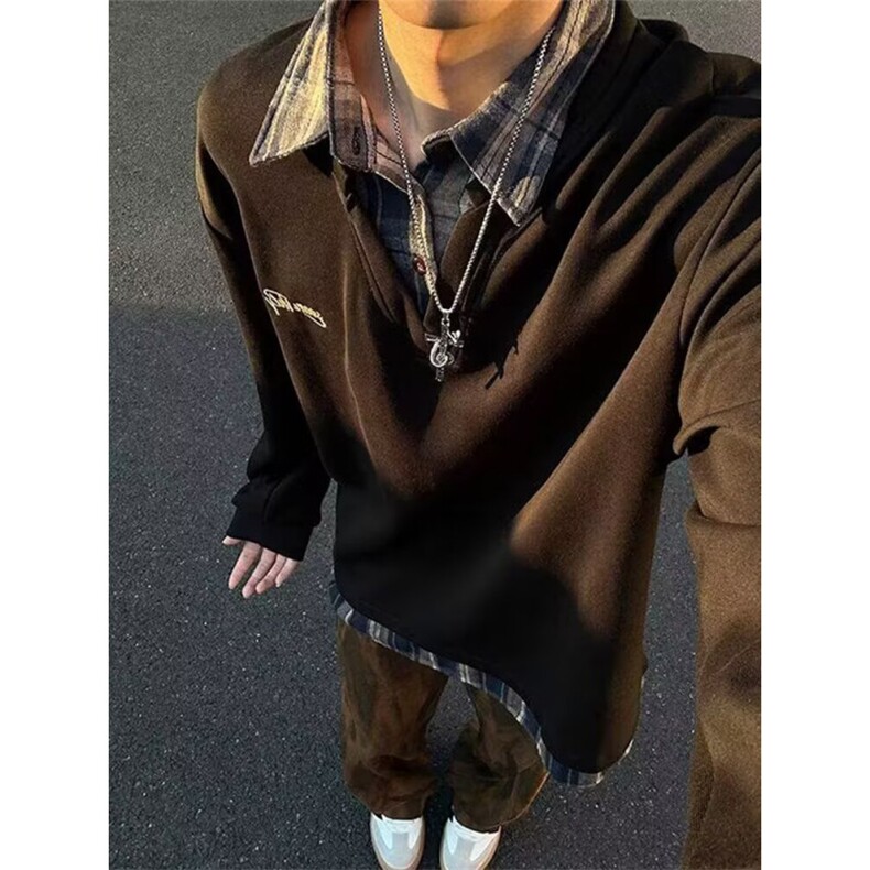 假两件灰色卫衣2025新款春秋季宽松百搭休闲POLO衫套头上衣,男装Polo衫,四季星座505