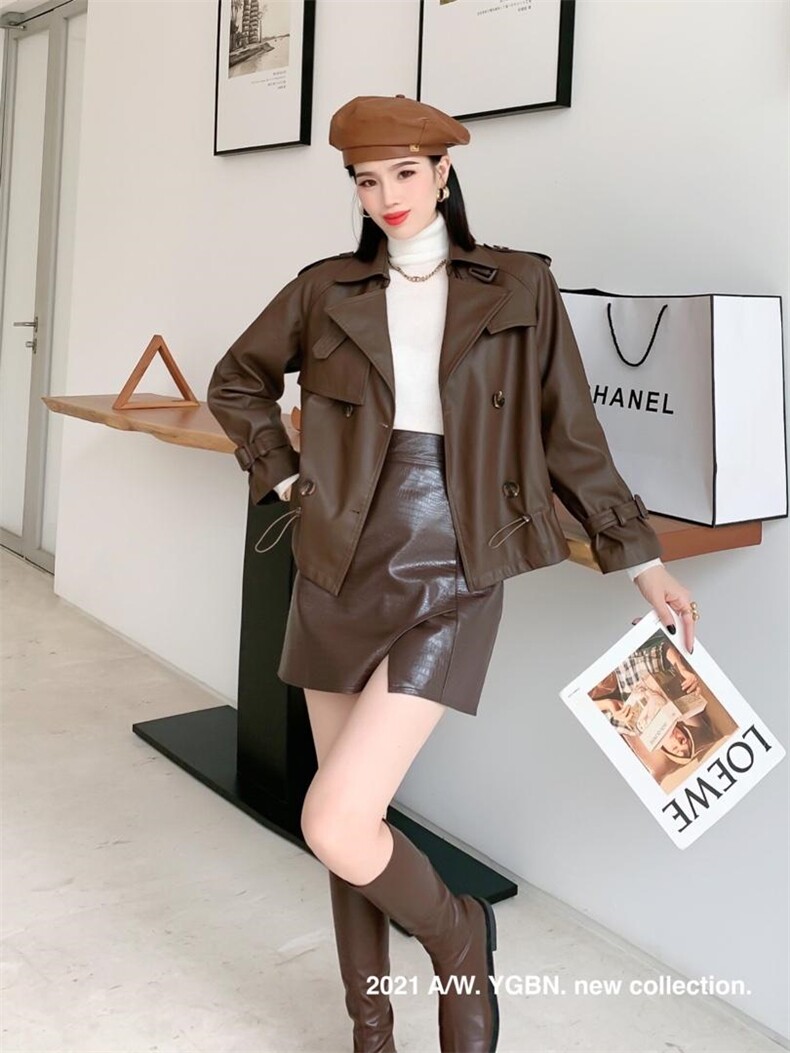 现货-抽绳短风衣款皮外套，女装风衣，依歌贝诺