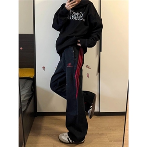 美式复古2025长裤男女秋冬潮牌休闲宽松牛仔裤百搭黑色刺绣微喇裤图片
