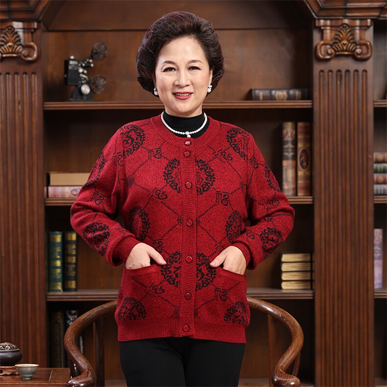 中老年女装开衫福字针织毛衣圆领羊毛衫爸爸妈妈喜庆老年情侣外套,男装中老年男装,亚东羊绒制品