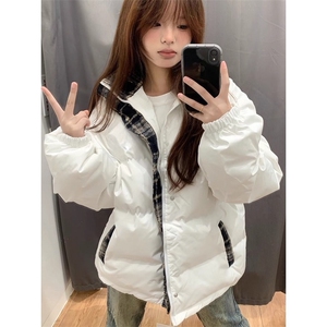 潮美式磨毛格子拼接羽绒棉服冬季加厚保暖情侣外套图片