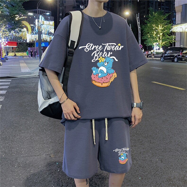 ！2024夏季新款男士华夫格短袖套装百搭学生一套HTZ53P50,男装T恤,电商B220