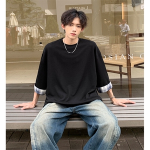 8XL-M特大码短袖男夏季高品质冰丝五分袖拼色宽松大码T恤DX308P38图片