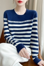 100%纯羊毛衫女圆领字母条纹拼色长袖针织毛衣秋冬宽松羊绒衫打底，女装羊毛衫，郡淞羊绒