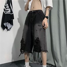 美式街头破洞牛仔裤男直筒宽松欧美高街vibe风短裤N01637-P40，男装牛仔裤，星座308B-1