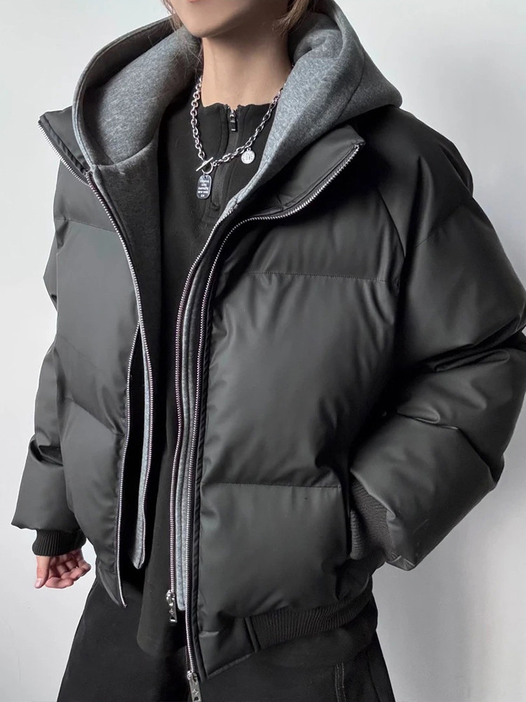 网图美式假两件pu皮短款棉服男款冬季加厚工装棉袄连帽外套特P85,男装皮衣,电商C306-1