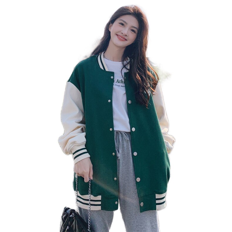 主推现货休闲拼色棒球服时尚印花短外套,女装短外套,菡迪欧娜