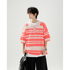 8XL-M特大码美式复古条纹撞色针织POLO衫翻领休闲短袖TDX311P35，男装T恤，电商D206-1