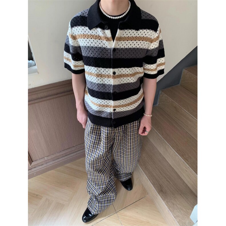 WE1567-P502025夏季潮流设计感老钱风针织镂空短袖衬衫,男装T恤,电商B323A
