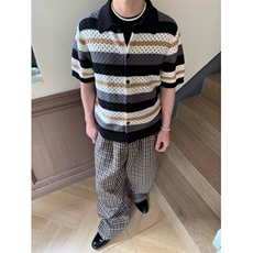 WE1567-P502025夏季潮流设计感老钱风针织镂空短袖衬衫，男装T恤，电商B323A