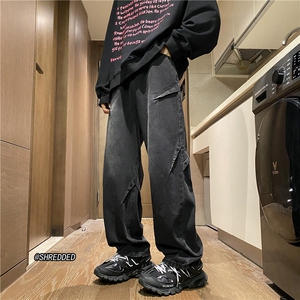 美式高街潮流INS水洗复古褶皱直筒牛仔裤B315-K23525-P65控78图片