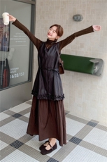 法式复古气质休闲连衣裙套装女秋季2025新款打底衫背心皮裙两件套，女装套装/套裙，橙子家