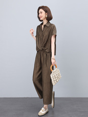 妈妈装时尚天丝套装女夏2025新款宽松洋气短袖衬衫洋气休闲两件套，女装套装/套裙，雪樱依海