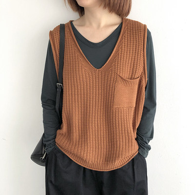 短款套头针织马甲背心冬季宽松大码女装纯色毛衣马夹V领坎肩上衣,女装马甲,洁纯羊绒