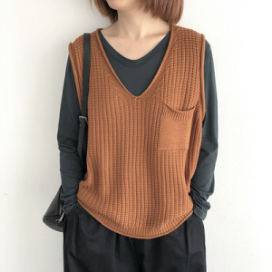 短款套头针织马甲背心冬季宽松大码女装纯色毛衣马夹V领坎肩上衣图片