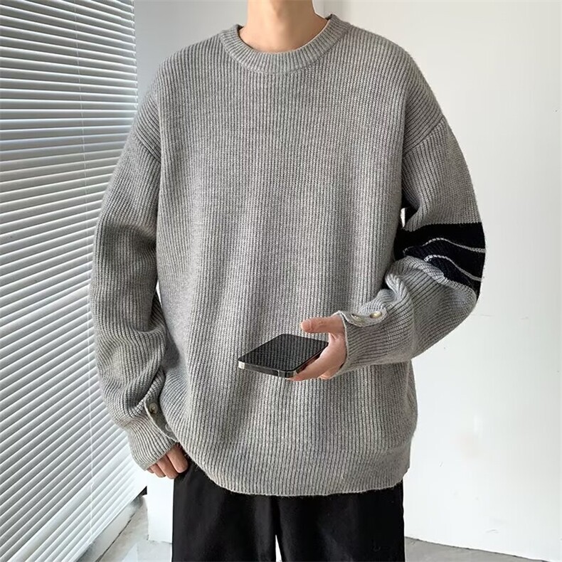 秋冬季条纹撞色圆领毛衣男韩系慵懒风高级感宽松针织线衣M283,男装针织衫/毛衣,星座506