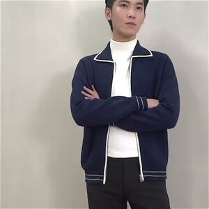 英伦复古男装高级奢华针织外套男商务休闲翻领拉链开衫毛衣男冬季图片