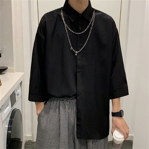 潮牌夏季纯色宽松七分袖衬衫美式复古链条设计衬衣ins图片