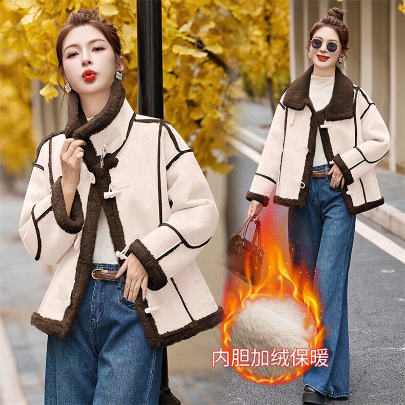 新款牛角扣翻领加绒加厚皮毛一体外套972P145,女装短外套,乐衣轩