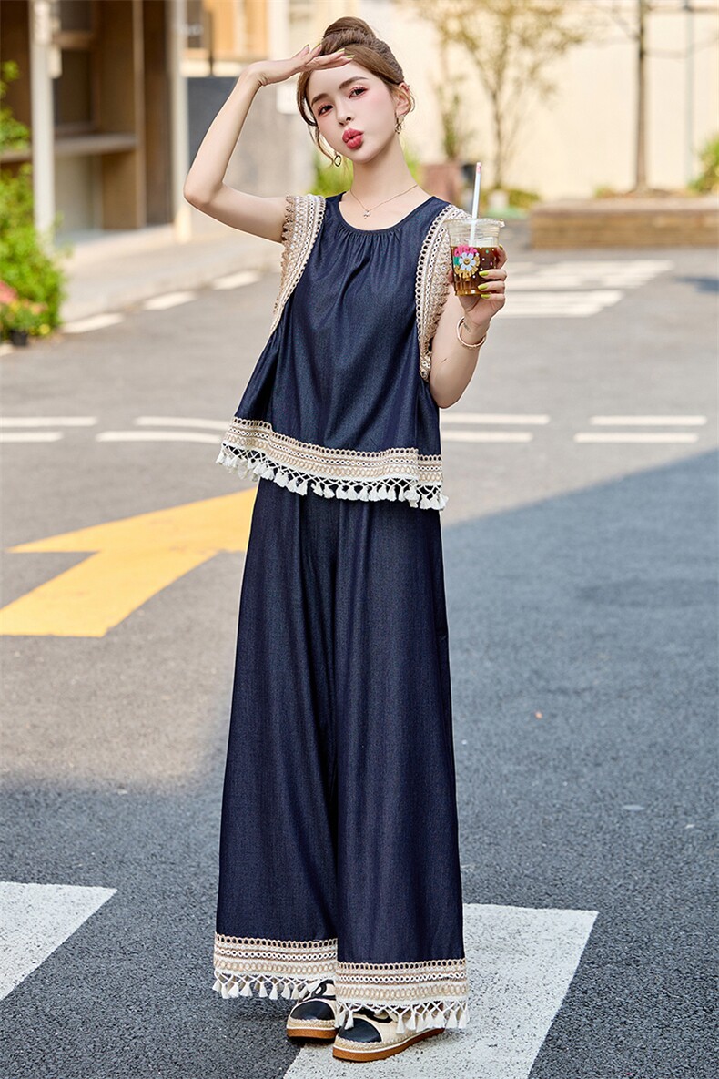 度假风蕾丝钩花拼接套装女2025夏季新款洋气无袖背心阔腿裤两件套,女装套装/套裙,布芭啦