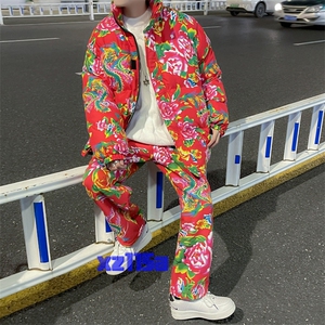 Z01情侣东北大花风民族风特色棉衣加绒裤套装大码男女土潮装图片