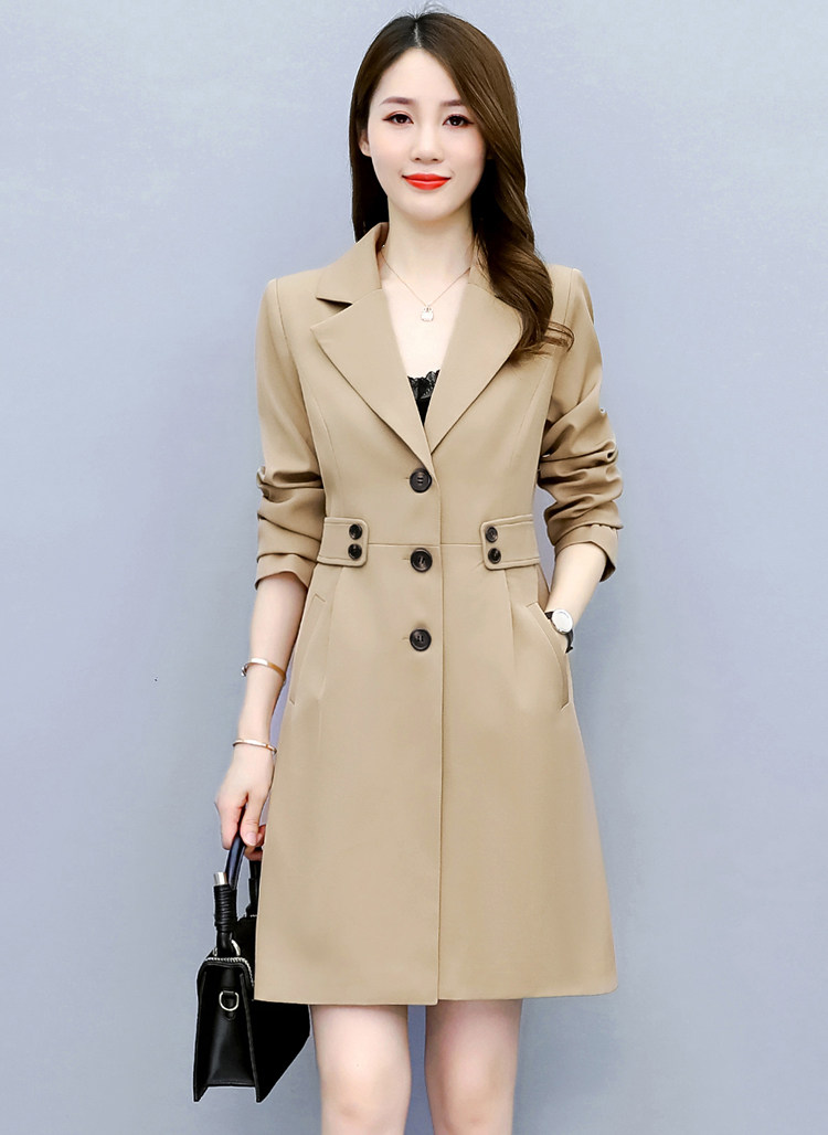 卡其色风衣女中长款2023春秋新款修身显瘦时尚小个子气质百搭外套,女装风衣,魅家