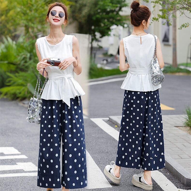 2025夏季法式气质名媛风收腰系带小衫+波点阔腿裤套装女两件套，女装套装/套裙，奕薇雅
