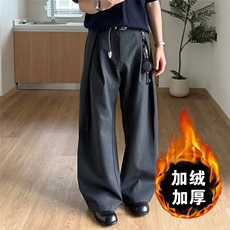 美式复古可调节腰带简约加绒西裤男女直筒cleanfit休闲裤子，男装西裤，星座1013-1