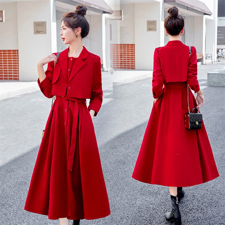 红色长袖连衣裙套装女2025春新款气质名媛高级感马甲衬衫裙两件套，女装套装/套裙，采品优优