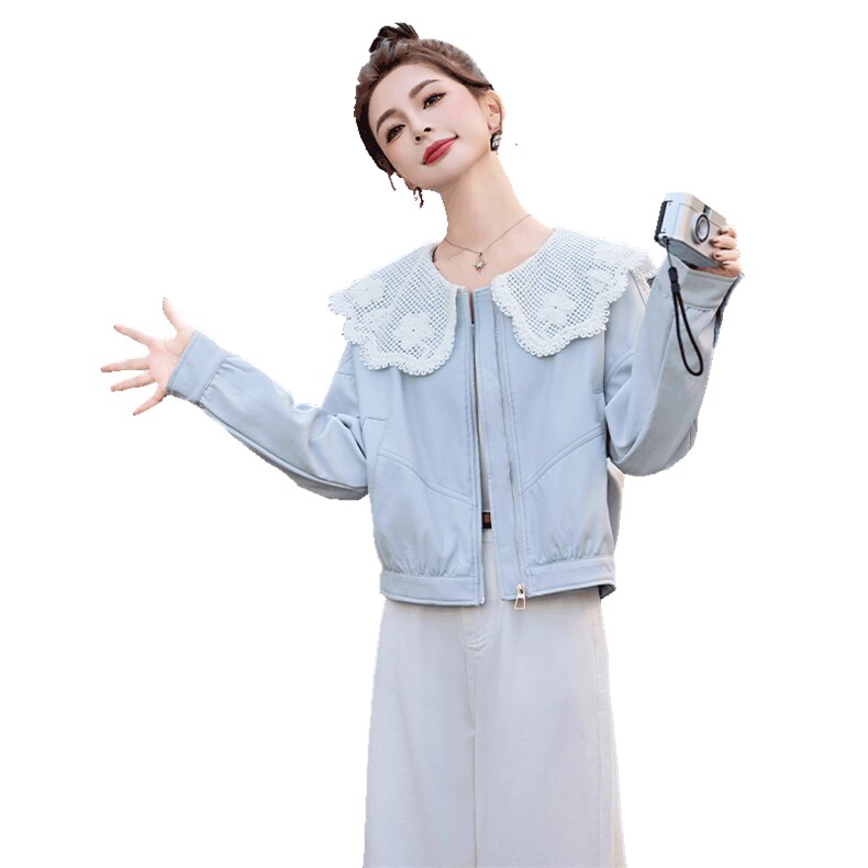 韩系蕾丝花边娃娃领PU皮衣女春新款小个子穿搭休闲显瘦减龄夹克,女装皮衣,红依一坊