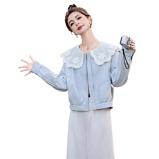 韩系蕾丝花边娃娃领PU皮衣女春新款小个子穿搭休闲显瘦减龄夹克，女装皮衣，红依一坊