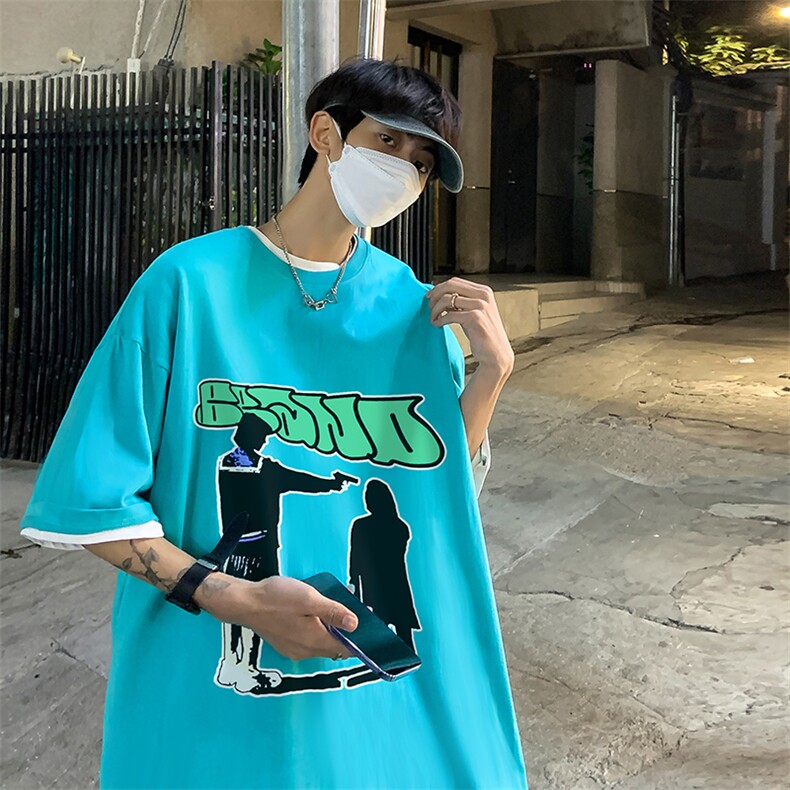 B239-1263-P28 人像创意字母印花 夏季重磅落肩袖 短袖t恤 美式图片