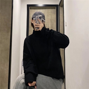 纯色简约宽松长袖T恤男女春秋新款设计感开叉T103P32图片