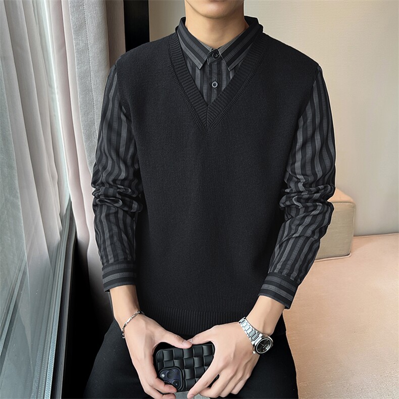 2025男士假两件卫衣衬衫领新款刺绣针织打底衫CS19-P6898图片