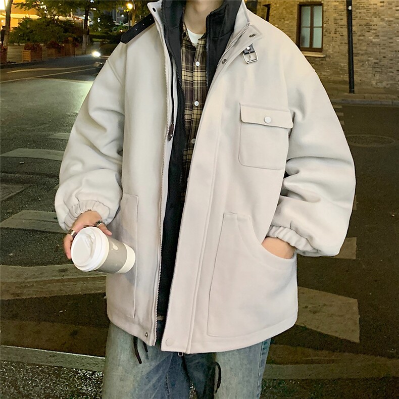 EQ158纯色拼接连帽呢料大衣外套男2024新款韩版纯色冬季加厚棉衣,男装棉衣,电商C306-1
