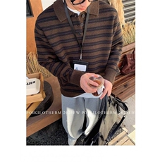 高端款男士秋冬季套头毛衣针织衫polo翻领毛衣复古条纹上衣，男装针织衫/毛衣，星座506A