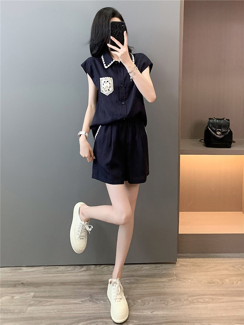 欧货高级感时尚休闲套装女夏款设计感纯色翻领刺绣上衣短裤两件套,女装套装/套裙,江南