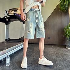 2025新款夏季水洗牛仔短裤男士破洞印花休闲五分裤潮男901N20P38，男装牛仔裤，星座901