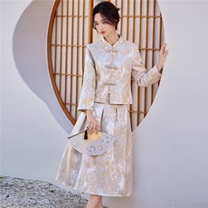 9756时尚复古盘扣提花两件套裙，女装套装/套裙，罗得堡