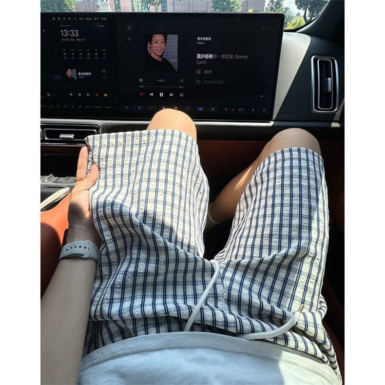 格子条纹白色短裤男款阔腿宽松运动速干裤健身训练不过膝四五分裤,男装牛仔裤,星座715-7